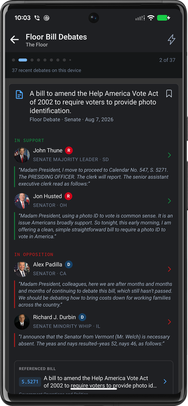 A Floor Bill Debates card for a Help America Vote Act amendment, with verbatim quotes from senators in support and in opposition.