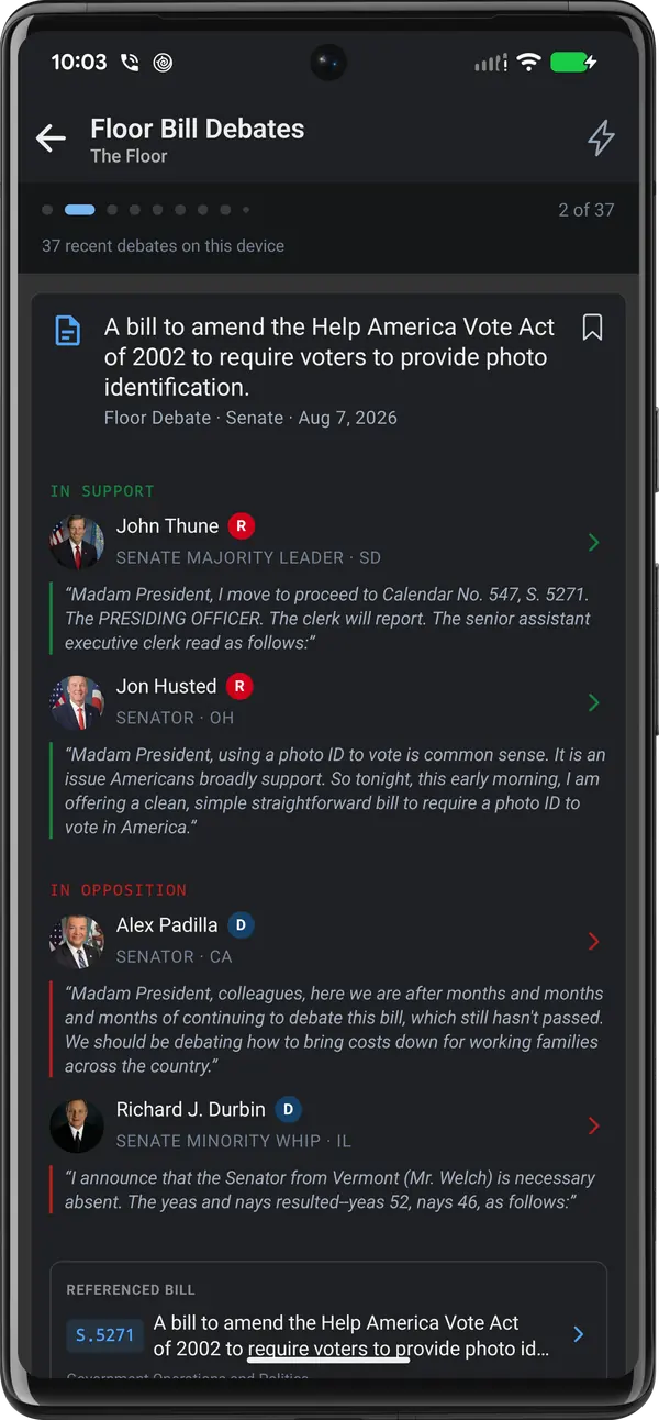 A Floor Bill Debates card for a Help America Vote Act amendment, with verbatim quotes from senators in support and in opposition.