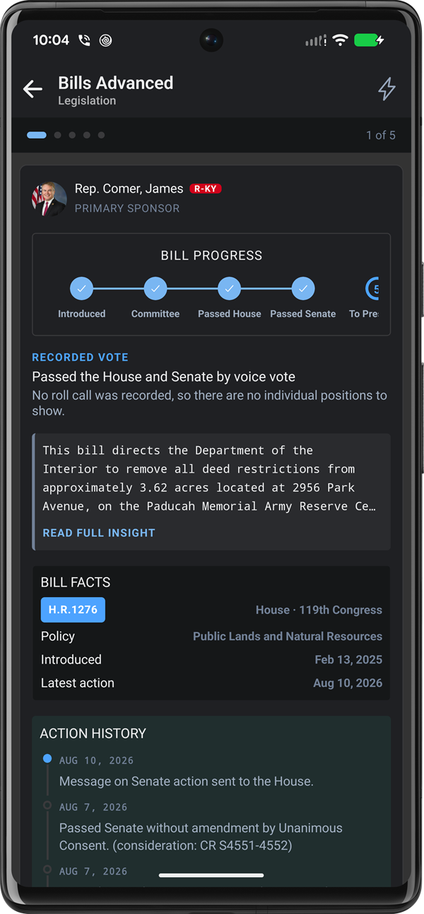 A Bills Advanced card for H.R.1276 showing a progress tracker from Introduced to the President, bill facts and a dated action history.
