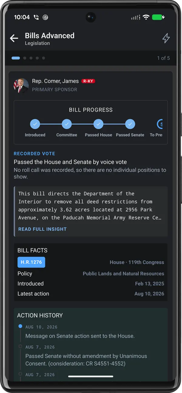 A Bills Advanced card for H.R.1276 showing a progress tracker from Introduced to the President, bill facts and a dated action history.